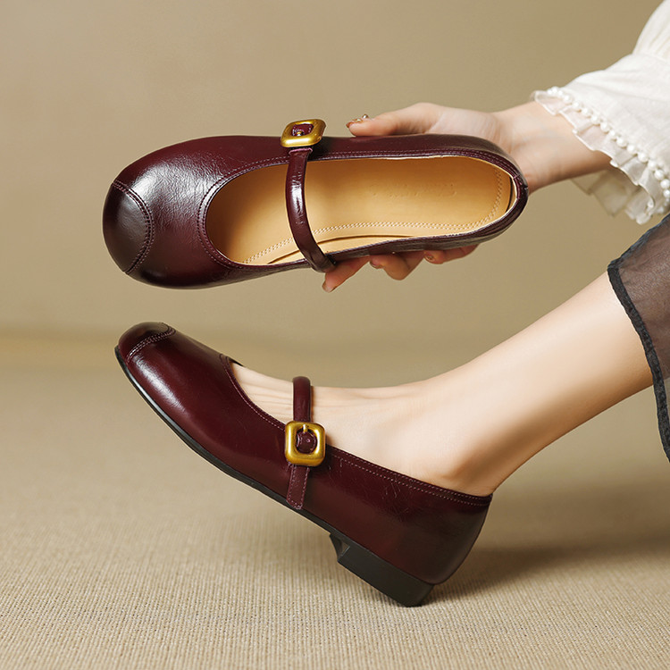 Lolita Style Sheepskin Loafers with Buckle and Chunky Mid Heel