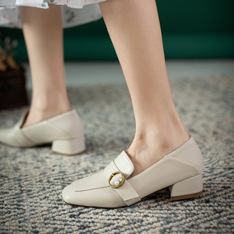 Minimalist Square Toe Loafers Low Chunky Heel Slip-On