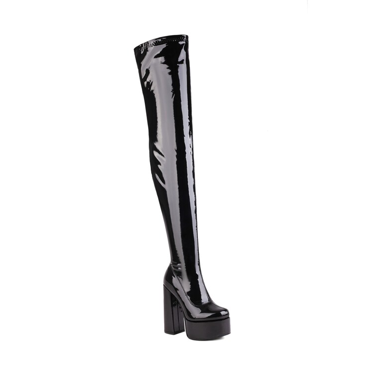 Women's Fashion High Heel Long Boots PU Round Toe Chunky Heel