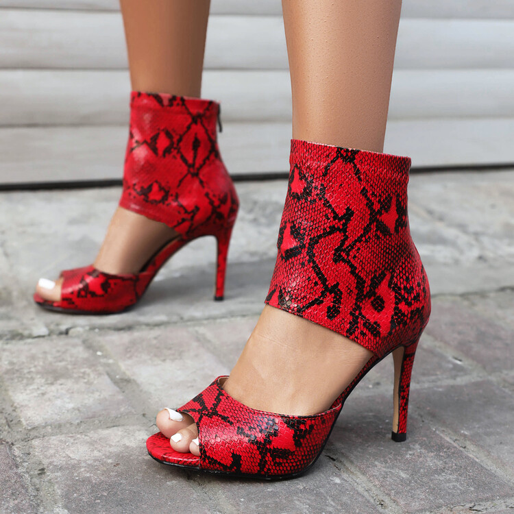 Women's High Heel Roman Sandals Boots with Snake Print and Color Block