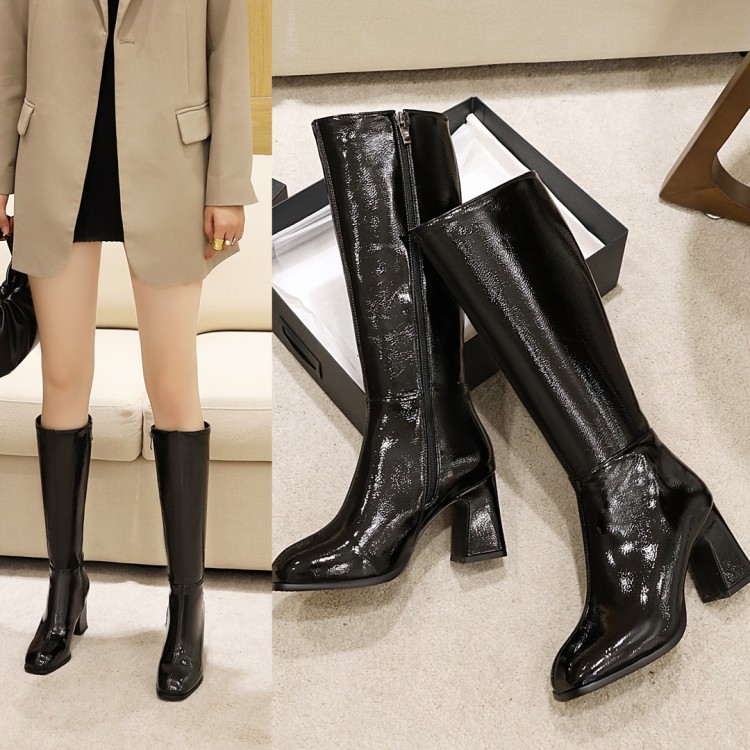 Women's High Shaft Knight Boots with Side Zipper and Chunky Mid Heel