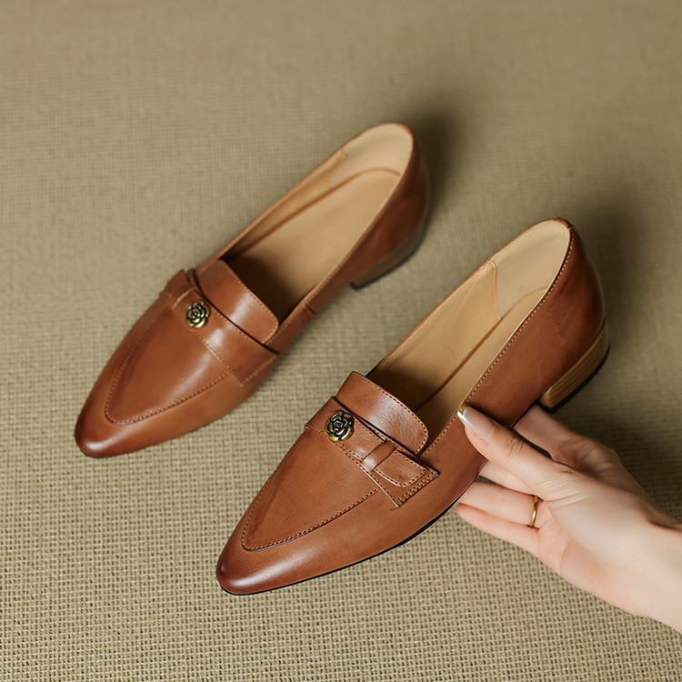 Women's Leather Loafers with Chunky Heel and Metal Belt Decoration