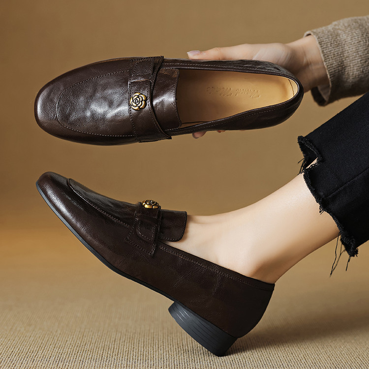 Women's Leather Loafers with Chunky Mid Heel and Metal Detail