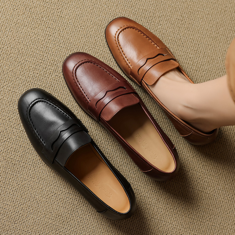 Women's Leather Loafers with Chunky Mid Heel and Strap Detail