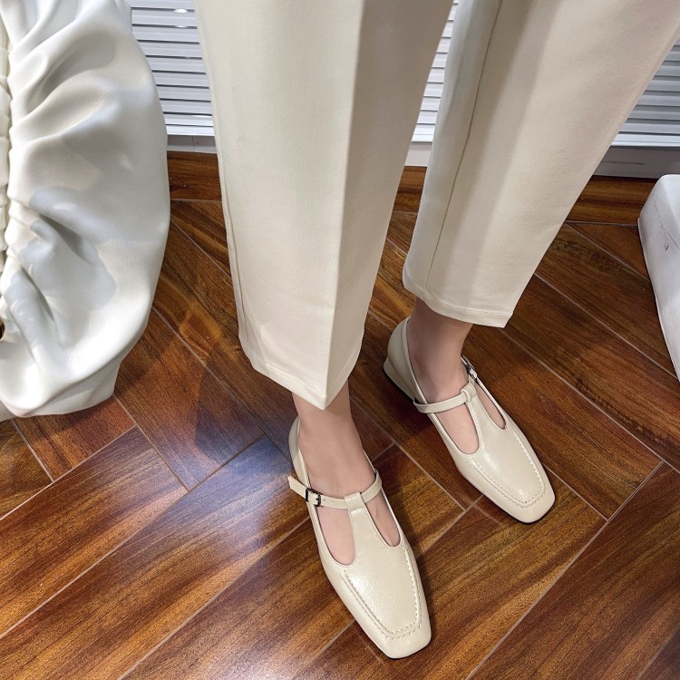 Women's Retro Flat Shoes with Bow Square Toe Low Heel